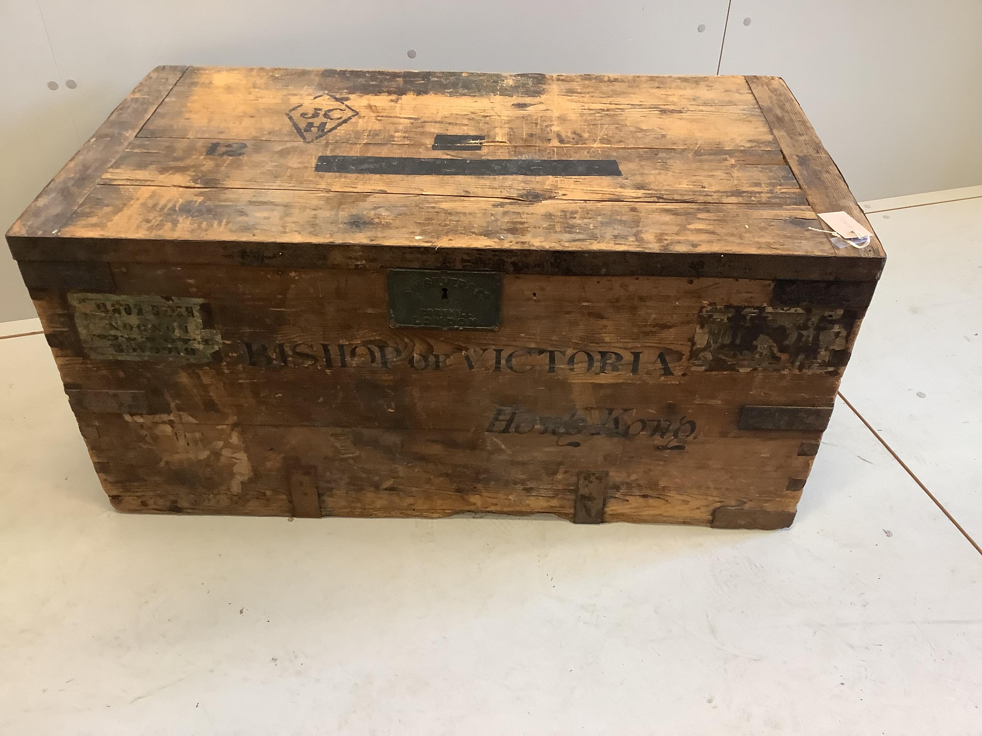 A Victorian iron bound pine trunk, Bishop of Victoria, made by SW Silver & Co, Cornhill, London, width 103cm, depth 55cm, height 49cm